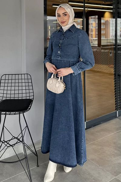 julude Rochie de blugi cu cravată în talie albastră, haină, costum din două piese hijab