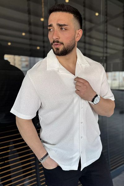MİSHAR İTALİA Cămașă pentru bărbați cu mânecă scurtă cu guler Apaș crem