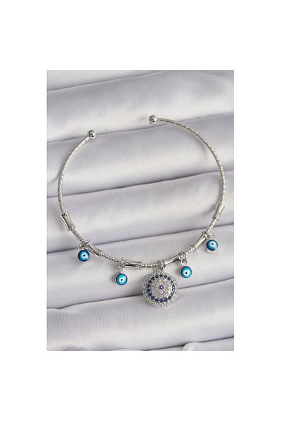 Skygo Brass Silver Color Dangle Zircon Stone Evil Eye Bead Figure Charm Bracelet - Tj-Bb6558