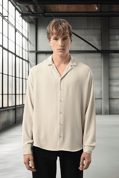 Valiberta Apaş Lapel Long Sleeve Textured Men's Shirt - Stone