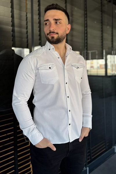 MİSHAR İTALİA Λευκό ανδρικό πουκάμισο με κουμπωτά