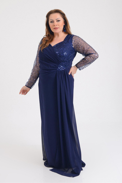 LİLAS XXL Lilas XXL Women Plus Size Chiffon Long Evening Dress 9651 Navy Blue