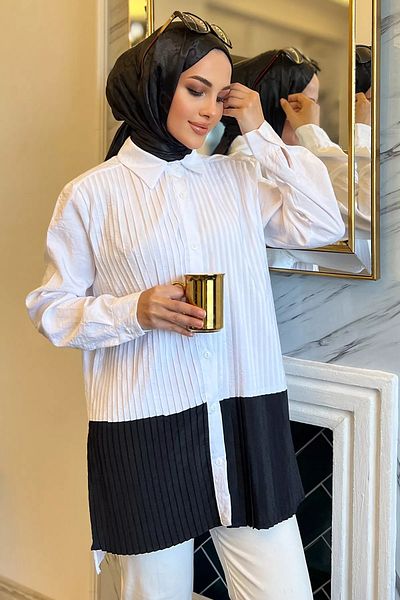 julude White Color Garnished Side Slit Pleated Hijab Shirt Tunic
