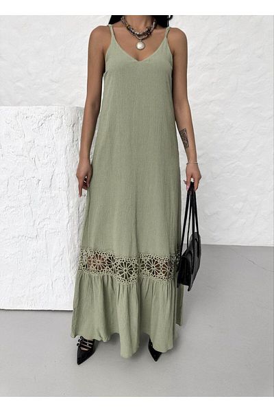 BRGCLOTHING Rochie de in cu fustă din dantelă cu decolteu în V - Bretele subțiri