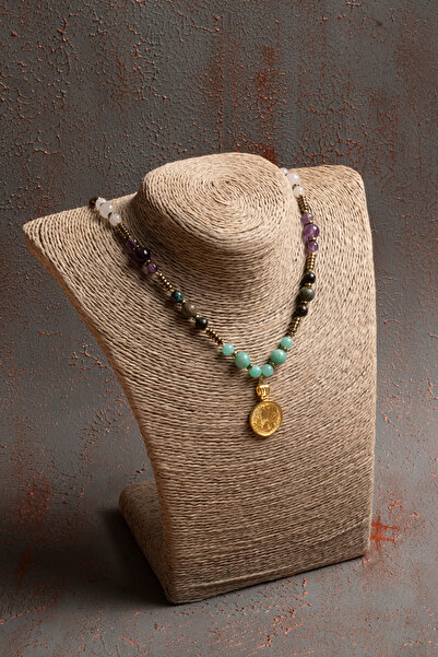 ÇAKRA DOĞAL TAŞ Sertifikalı Doğal Turmalin, Apatit, Jasper, Ametist ve Krizokol Taşı Başak Burcu Kolyesi