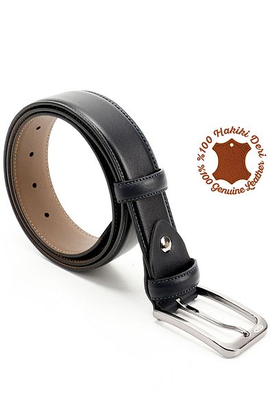 GÖNDERİ(R) Men's Navy Blue Antique Genuine Leather 3.5 cm Classic Belt