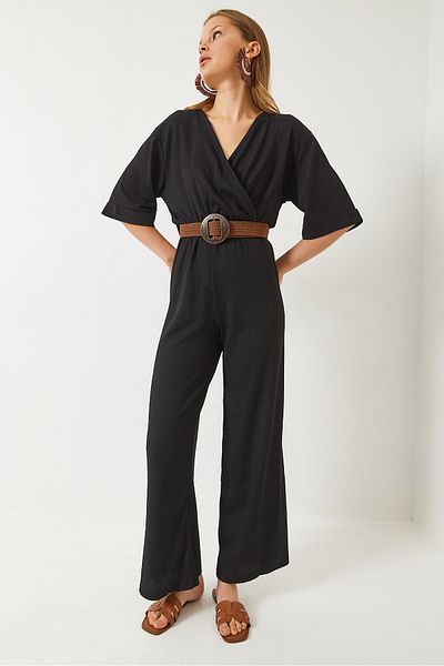 Bianco Lucci Women's Double Breasted Lapel Short Sleeve Straw Belt Jumpsuit 60261556
