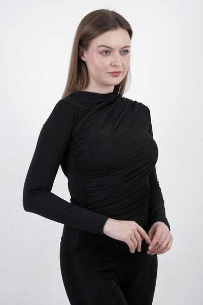 Hebb Club Women's Sendy Fabric Crew Neck Draped Blouse