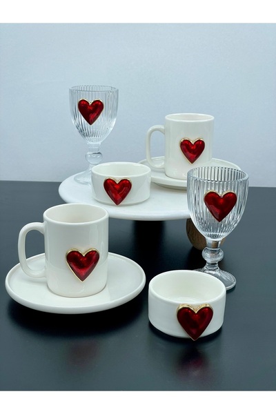 YzHome 2 Kişilik Porselen Kalpli Fincan Takımı Seti ve 2 Adet Porselen Kalp Lokumluk ve 2 Adet Cam Bardak