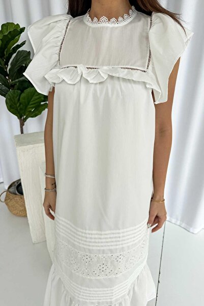 Mine Tan Butik Rochie de damă festonată cu mâneci cu volane - albă