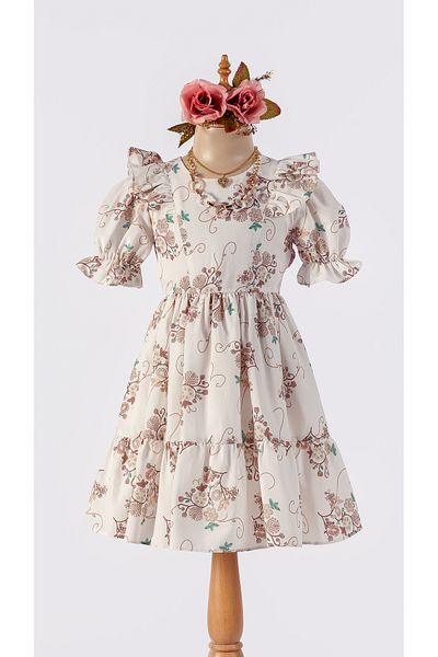 Tivido Girl's Flower Themed Short Sleeve Dress with Cord