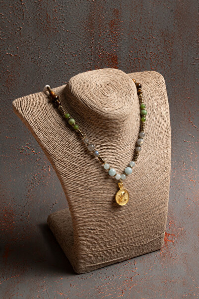 ÇAKRA DOĞAL TAŞ Sertifikalı Doğal Anjelit, Ametist, Ay Taşı ve Akuamarin Kova Burcu Kolyesi