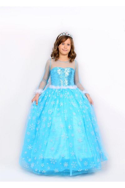 BUTİKHAPPYKİDS Copie - Rochie albastră cu mânecă lungă Elsa Frozen pentru fetiță cu cadou coroană Tarlatan