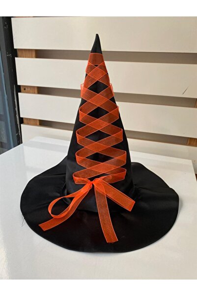 BUTİKHAPPYKİDS Καπέλο μάγισσας για κορίτσια σε μαύρο σατέν με πορτοκαλί κορδέλα