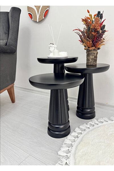 AYLESA Ahşap 3’lü Set Mantar Yan Sehpa Modern Siyah Renk Fiskos Zigon Çiçeklik