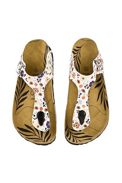 NOOSY Papuci de damă cu design cu flori albastre-portocalii imprimate