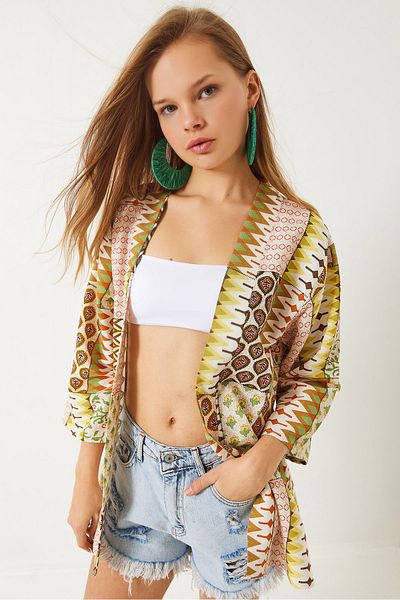 Bianco Lucci Women's Multi Patterned Viscose Linen Short Kimono 60261537