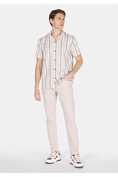 Colin's Regular Fit Shirt Neck Çizgili Erkek Ekru Kısa Kol Gömlek
