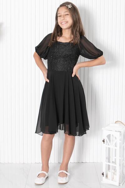 SUBU TASARIM Rochie de seara din sifon cu maneci cu balon, neagra Mdv332