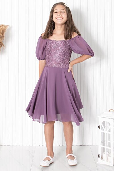 SUBU TASARIM Βραδινό Φόρεμα Λιλά Σιφόν - Λεπτομέρεια μανίκι μπαλόνι Mdv332