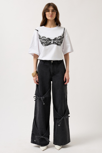 Black Fashion Ribbon Detail Cargo Pocket Wide Leg Black Jean