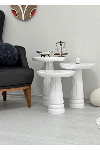 AYLESA Ahşap 3’lü Set Mantar Yan Sehpa Modern Beyaz Renk Fiskos Zigon Çiçeklik