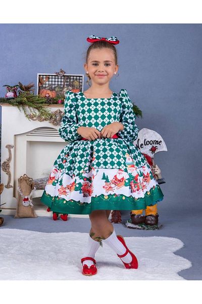 BUTİKHAPPYKİDS Cataramă pentru rochie pufoasă verde cu tematică de Anul Nou pentru fete 1-8 ani