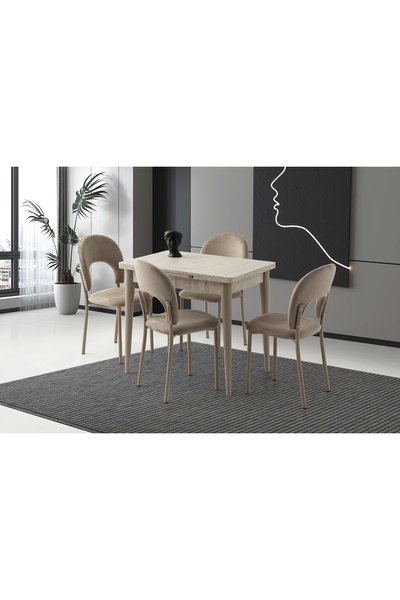 Evistro Ahşap Salon Yemek Masa Sandalye Takımı 4 Cappicino Sandalyeli Yandan Açılır Büyüyen Sidon 60x90cm