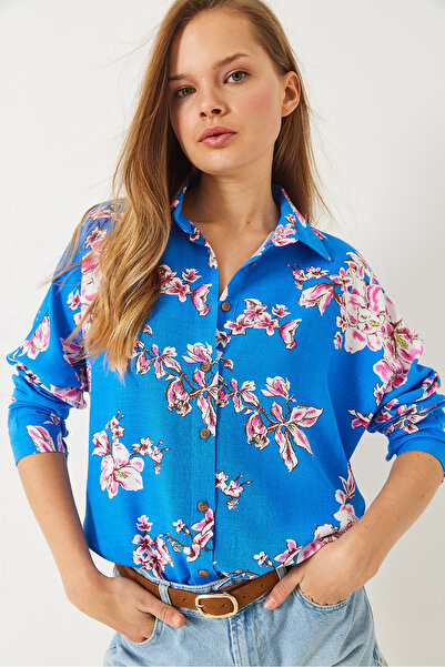 Bianco Lucci Жіноча сорочка з віскозного льону з квітковим принтом великого розміру 60261538