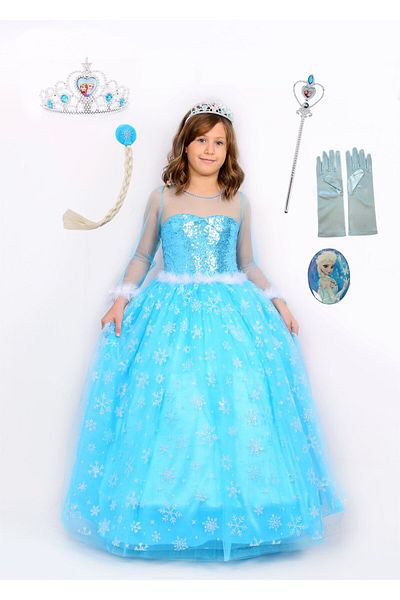 BUTİKHAPPYKİDS Costum prințesă Elsa Costum Elsa cu mânecă lungă Coroană Sceptru Mănuși de păr Set de 6 insigne