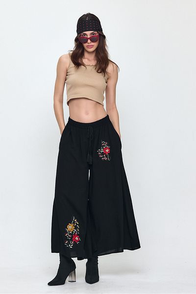 Denismoda Women's Black Elastic Waist Pocket Ethnic Embroidery Detailed Loose Wide Leg Trousers