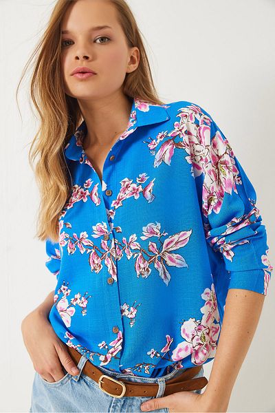 Bianco Lucci Cămașă oversize din in viscoză cu model floral pentru femei 60261538