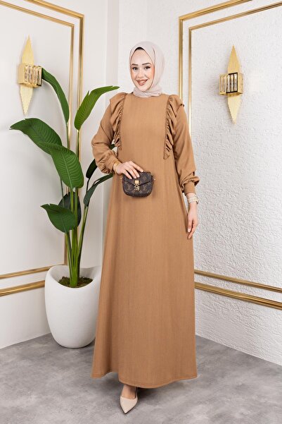 Moda Ebva Fırfır Detaylı Tesettür Elbise-5025 Latte