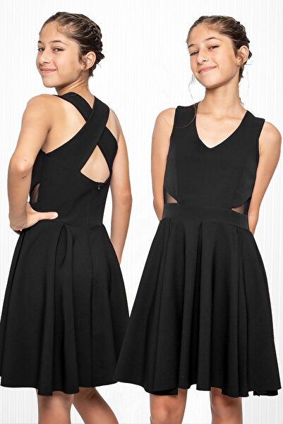 SUBU TASARIM Βραδινό φόρεμα για κορίτσια σε μαύρο κρεπ με λαιμόκοψη - MDV352