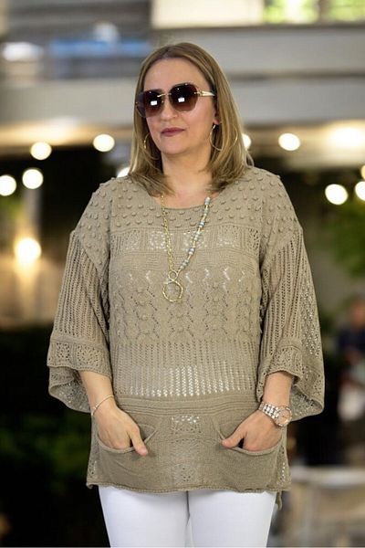 yagmurberen Knitted Patterned Spanish Sleeve Boat Neck Pocket Slit Large Size Italian Mercerized Bluz Sweater.