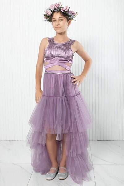 SUBU TASARIM Rochie de seara din tul liliac cu imprimeu Stone, MDV340