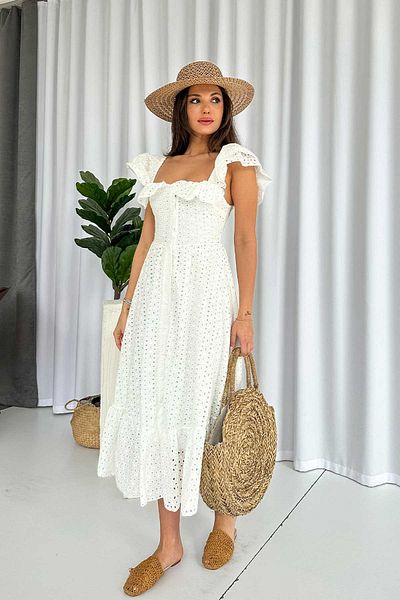 Mine Tan Butik Rochie midi de damă cu nasturi în față cu detaliu feston - albă