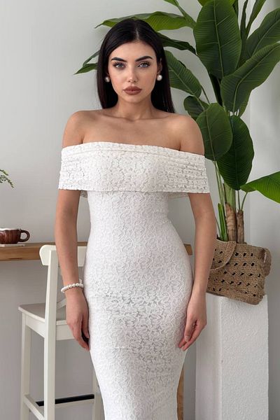 lovebox Women's Lined Lace Fabric Strapless Neckline Sleeveless Fish Cut White Lace Evening Dress 367