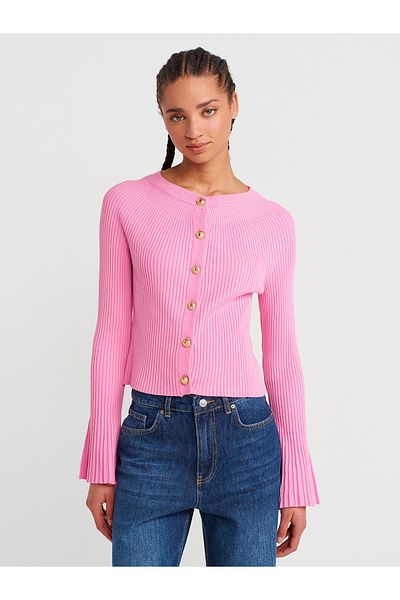 Dilvin 60246 Crew Neck Buttoned Spanish Sleeve Knitwear Cardigan-Dark Pink