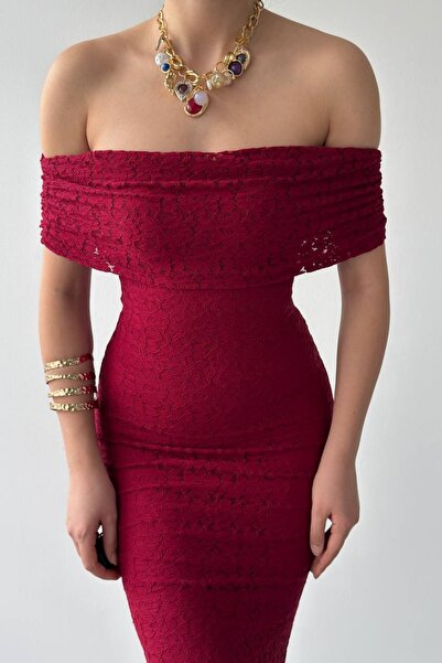 bayansepeti Astarlı Dantel Kumaş Straplez Yaka Kolsuz Bordo Dantel Elbise Bordo Nişan Elbisesi 367