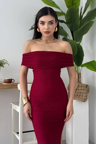 WOMAN VISION Rochie de dama din dantela cu captuseala - Rochie de nunta din dantela burgundy fara maneci stil Madonna 367