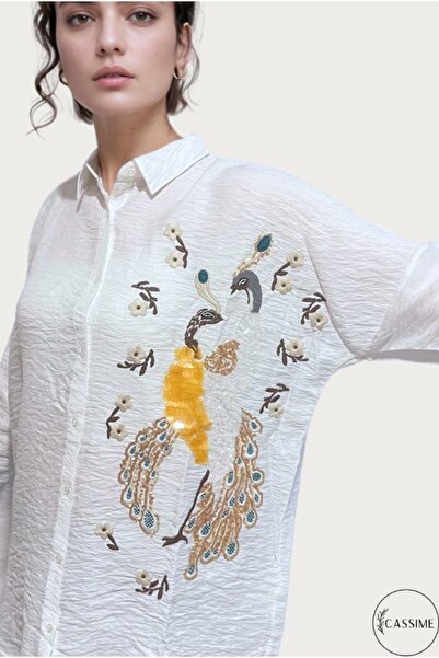 Cassime Women's Oversize Ecru Peacock Flower Embroidered and Embroidered Buttoned Ayrobin Shirt