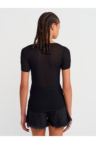 Dilvin 10730 Open Crew Neck Openwork Bow Detail Thin Knitwear Blouse-Black