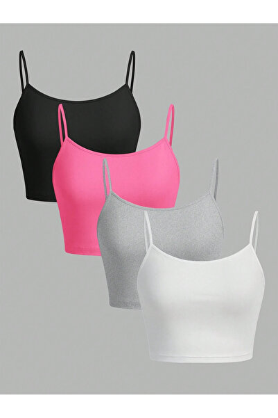 LOLOX Kadın 4'lü Siyah -pembe -gri -beyaz Ip Askılı Crop Top Büstiyer