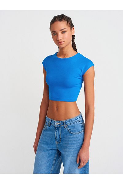 Dilvin 30528 Cotton and Modal Blended Crop Top-Sax