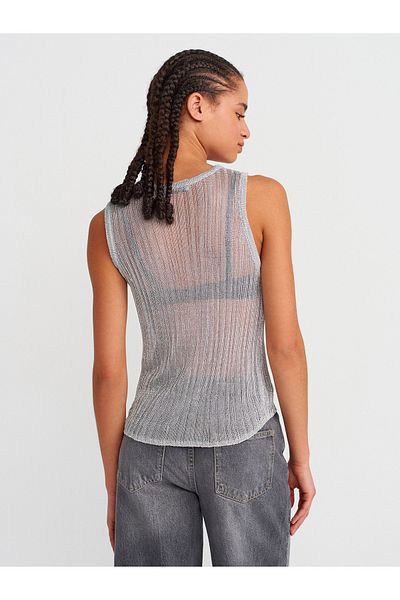 Dilvin 10727 Crew Neck Transparent Knitwear Blouse-Silver