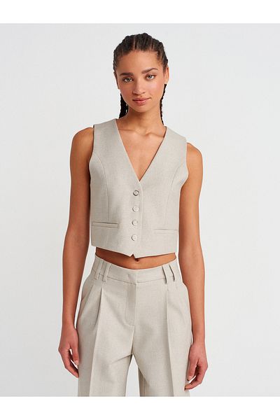 Dilvin 60579 Glitter Buttoned Vest-Stone