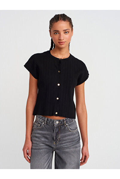 Dilvin 60968 Bisiklet Yaka Fitilli Düğmeli Triko Hırka-Siyah