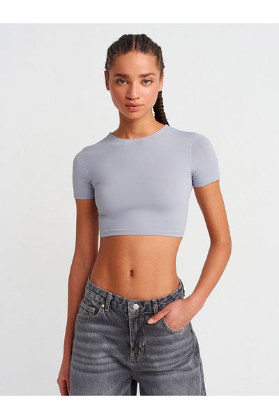 Dilvin 31175 Crew Neck Crop Top-Medium Gray