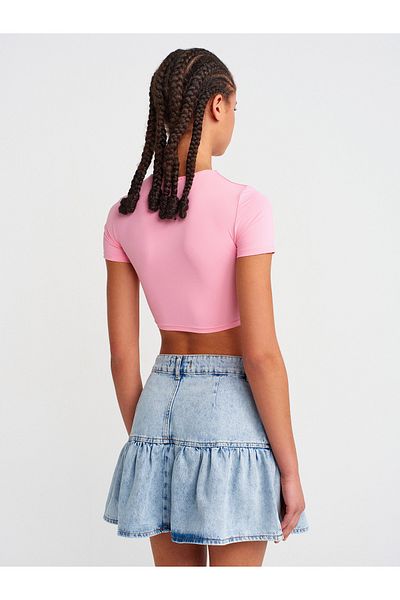 Dilvin 31175 Crew Neck Crop Top-Pink
